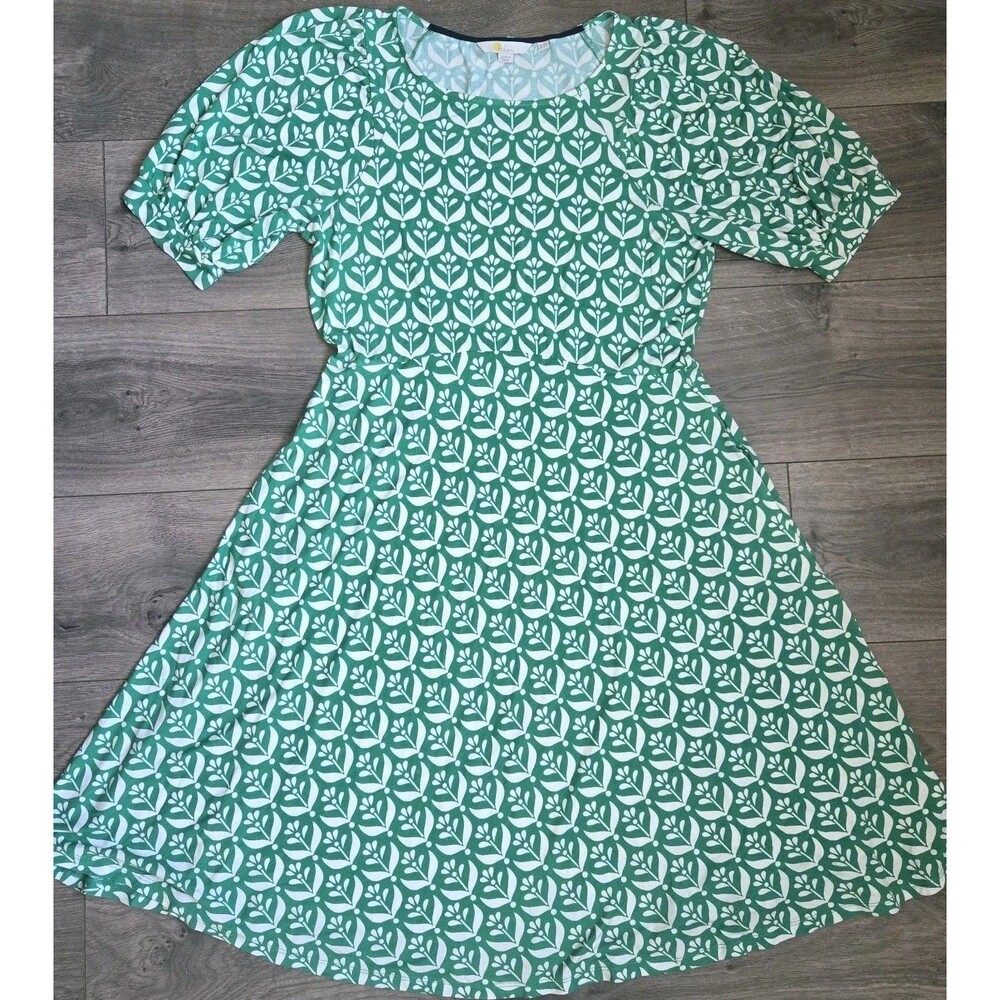 Boden Green White Floral Tulip Jersey Dress Pockets US 10R UK 14R Knee Length
